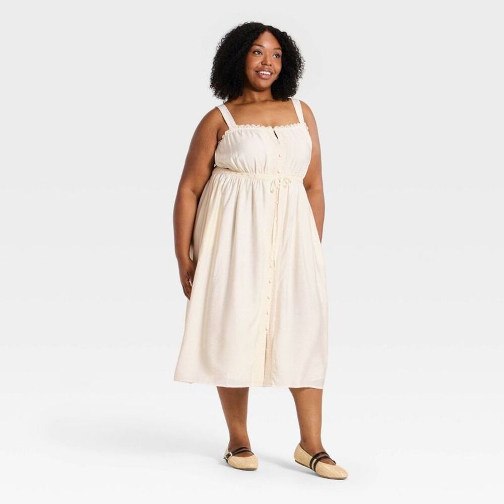 Women's Plus Sleeveless Tie-Waist Lace Trim Midi Dress - Cream 2X